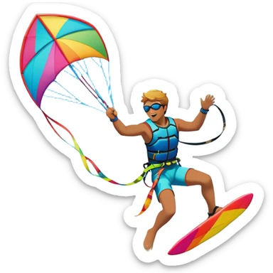 A vibrant kite soaring high in the sky, attached to a kiteboarder riding the waves below. The scene is filled with bright colors, capturing the energy of the sport. The background features the ocean, wind-blown waves, and a clear sky, showcasing the excitement and freedom of kiting. sticker