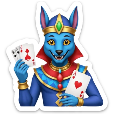 crazy colorful anubi jolly joker from poker, medieval, vintage, court jester, mac os icon, blue color, holds a single poker card on the right paw sticker