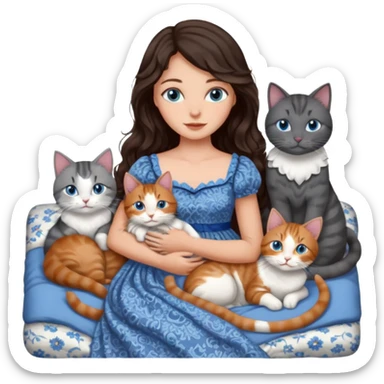 detailed realistic looking a dark grey and white cat regally laying with six other cats, cuddling with their owner in bed who is a pretty bratz lightly tanned white girl with long dark brown hair, blue eyes and gorgeous long wavy hair wearing a pretty detailed dress sticker