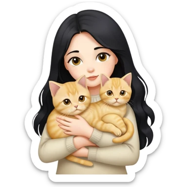 Beautiful girl with long black hair holding a cute golden British shorthair kitten in her arms sticker