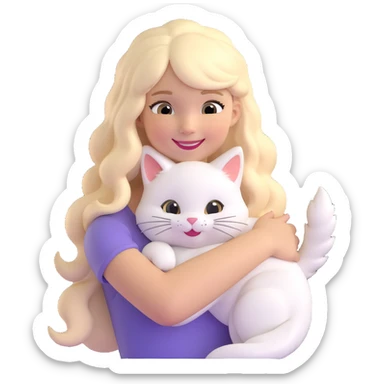 smiling girl with long blonde hair, white fluffy cat curled around her neck and left shoulder, emoji for messaging apps sticker
