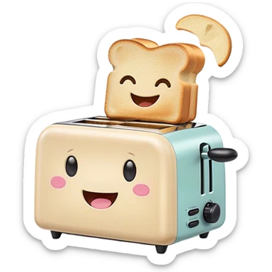Cute Kawaii Toaster, tiny and square, soft pastel cream with a happy smile, chubby cheeks, two little toast slices popping out, giggling in excitement! sticker