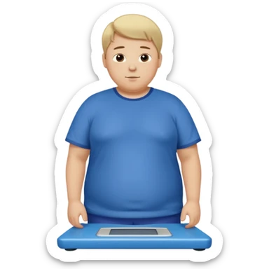 A young slightly overweight male with short dark-blonde hair, medium-light skin, and a relieved facial expression. He stands on a scale, visibly noticing he has lost weight. He wears blue cloth. His posture shows a mix of surprise and relief, with relaxed shoulders and a gentle smile. sticker