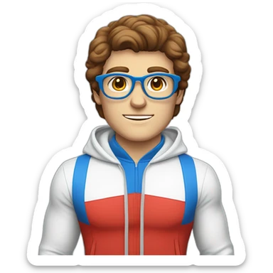 retro 70s blue and red gym clothes for a modern white brunette uni male student with glass sticker