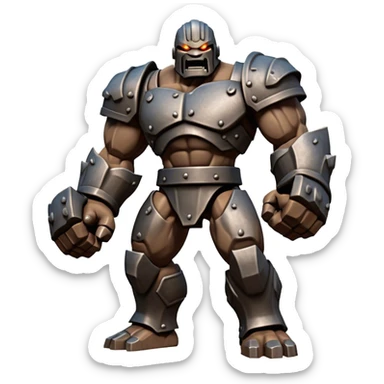Cinematic Fierce Mighty Iron Golem Portrait Emoji Depicted mid-action in a dynamic, battle-ready stance, massive fists clenched, the ancient metallic plates along its form shifting with raw power. Its eyes blaze like molten fire within a carved, rune-etched face, exuding both divine purpose and mechanical precision. Weathered steel and dark bronze tones are accented by glowing, arcane inscriptions, each detail meticulously crafted with lifelike metallic reflections. High shine, imposing yet regal, styled with an air of indestructible might, soft glowing outline, capturing the essence of an unstoppable colossus that looks ready to charge forth with a thunderous step! sticker