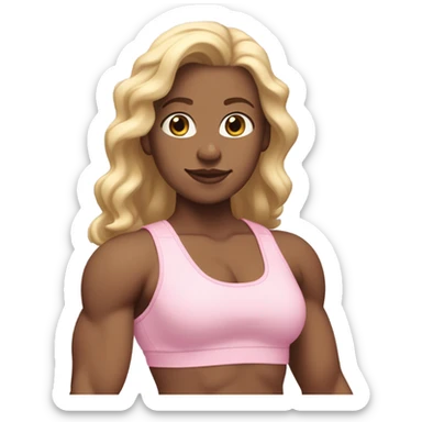 White woman, light skin, long hair, blonde hair, wavy hair, baby pink sports bra, baby pink leggings, flexing one arm sticker