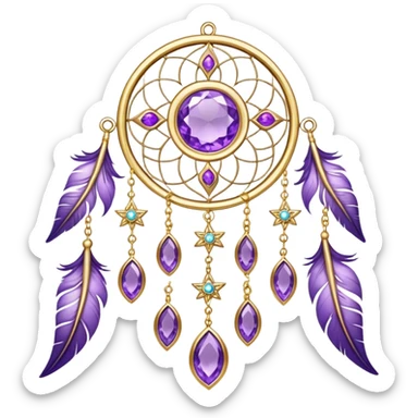 Epic beautiful gorgeous cute gold suncatcher, threads with shiny sparkly amethyst gemstones, flowers, crescents-moons, stars, violet Feathers  sticker
