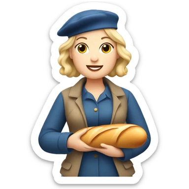 Chubby blonde woman in France holding a baguette wearing a beret sticker