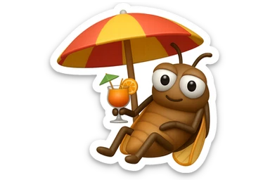 EMOJI STILE IPHONE 3D DI UNA CICALA CHE STA RILASSATA SEDUTA SOTTO L'OMBRELLONE IN SPIAGGIA CON UN COCKTAIL IN MANO, FAGLI GLI OCCHI CON LA PARTE BIANCA, NON SOLO LA PUPILLA sticker