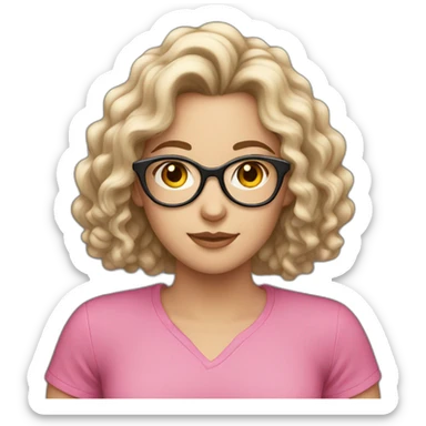 white girl with dark long curly hair and glasses in pink shirt sticker