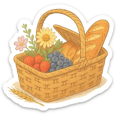 picnic basket with berries, bread, and flowers in warm pastel shades, soft Ghibli style sticker