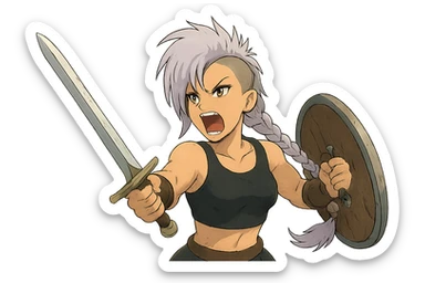 A sword maiden, mohawk, long braid white hair with lavender and tips long messy bangs one side, gold yellow eyes, black crop top, brandishing an arming sword and a shield, roaring! rah! sticker