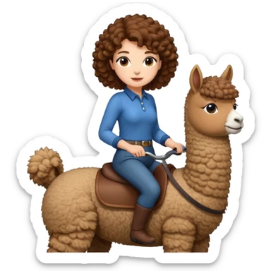 cute woman short tight curly brown hair riding an alpaca sticker