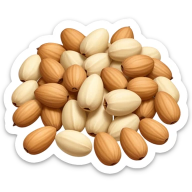 small cluster or gentle pile of pine nuts, no shell, smooth teardrop or slightly oval shape, pale ivory to light beige color, soft matte texture, natural and raw, slight size and shape variation, 3D-rendered, clean, minimal, soft shadows, no faces or packaging, emoji scale sticker