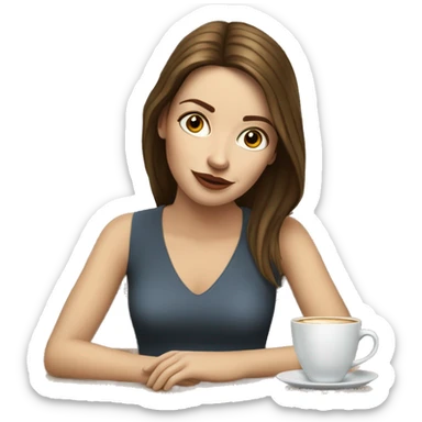 Side view realistic posh brown straight haired pale woman sits at the coffee table sticker