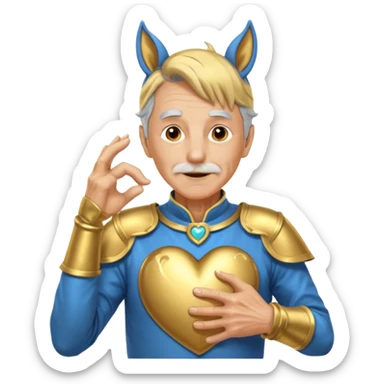 An elderly man with golden skin, his body shining like polished metal, wearing a horse cosplay costume with horse ears and a tail. He is making a heart shape with his hands and blushing slightly, showing a shy and embarrassed expression. sticker