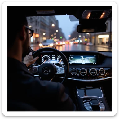 Mercedes S-Class 2024 inspired interior, first-person view from behind the steering wheel, left hand on wheel, night driving in Bucharest, ambient lights, illuminated digital dashboard, city traffic ahead, rainy windshield, no text or misspellings, photorealistic sticker