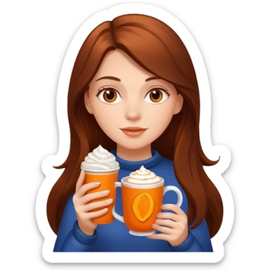 white girl with brown long hair orange and a hot chocolate sticker
