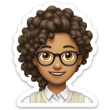 smiling indian teenage girl with curly hair and glasses wearing a collared long sleeve white shirt under a white sweatervest sticker