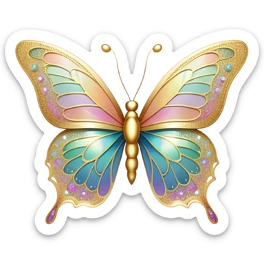 Pastel sparkly gold glittery iridescent rainbow transparent butterfly with detailed intricate patterns sticker