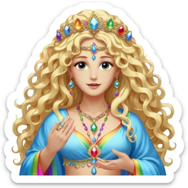 a being made of light pleidian nordic long faces and curly huge thick blond hair but beautiful features of light wearing jewels and a rainbow halo like a saint arount her a robe on made of light and gem  transparent belly dancer and who is lanky holding a bouquet of crystal flowers on rainbow fire sticker
