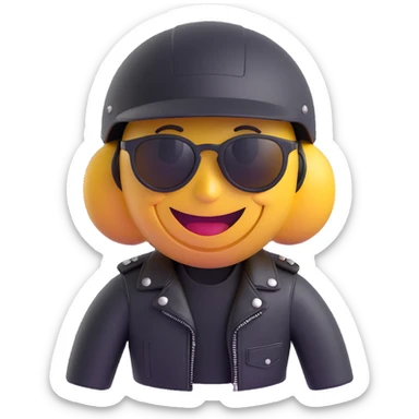 3D smiley emoji, round shape, classic motorcyclist: black leather jacket, helmet, sunglasses, funny face sticker
