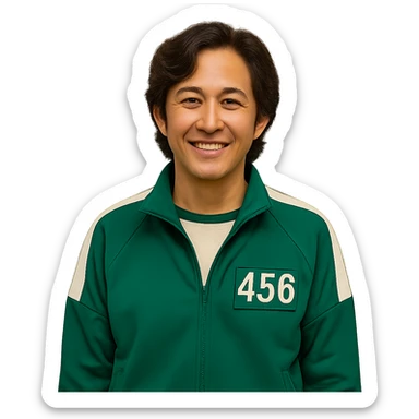 Edit the main character from Squid Game series wearing a green tracksuit with number 456, smiling in a neutral pose. Keep the original style and minimal background. Remove the background entirely. sticker