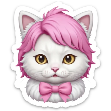White cat wearing pink wig and bow sticker