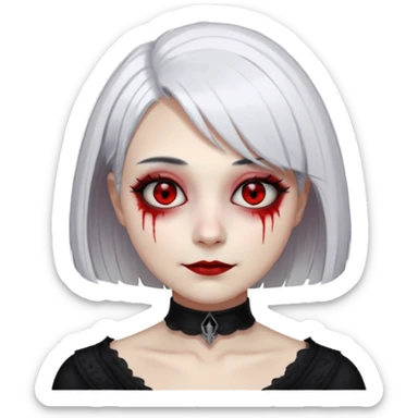 female, unnatural eye color with veiny eyes, sickly skin texture combined with an unnatural creepy smile, liminal setting that feels wrong, uncanny eerie art style, scary femme fatale, bob cut, mole under eye, white hair, red iris, black mascara, black eyeshadow, Gothic white skin, sticker