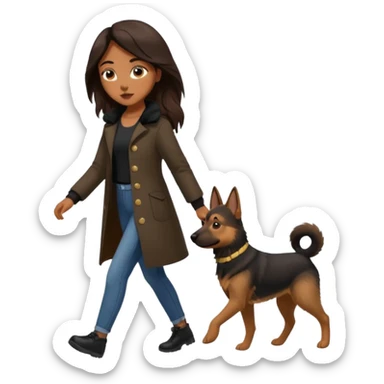 a girl with a brown dark long long hair, she's walking her dog is a german shepard. And girl's outfit is very aesthetic sticker