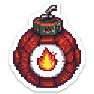 Red digital bomb with flame-shaped fuse on top, round bomb body with red highlights and details, pixel art style sticker
