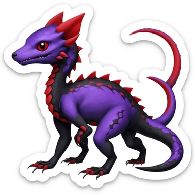 Rare realistic exotic edgy dark gothic gloomy spooky black and red/purple epic pretty beautiful handsome gorgeous aesthetic colorful vibrant Vernid-Trico-species-Fakemon-Salandit-hybrid-creature by LiLaiRa, 4 legs, 1 tail, random markings, (full body) sticker