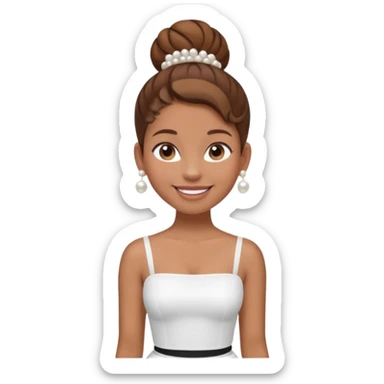 Full body Light brown skin girl, brown hair in bun, smiling, white tube top, pearl earrings sticker