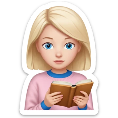 Pretty blue eyed white girl with light pink sweater reading cozy sticker