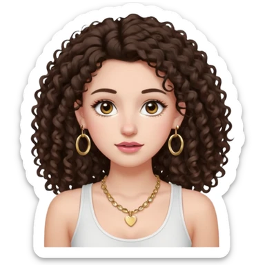 white girl with long dark brown curly hair with a little volume wearing a white tank top. Blush on the cheeks and big eyelashes and a brown-pink lip combo. gold hoops as earrings(medium size)  and a small gold hoop for a nose ring  and a square small denty gold necklace  sticker