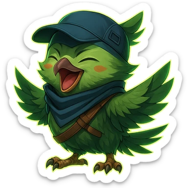 Add a glowing aura to the detailed anime style green bird inspired by Valorant agent Falko, happy expression, with no background. Preserve the detailed anime style and the green bird's characteristics. sticker