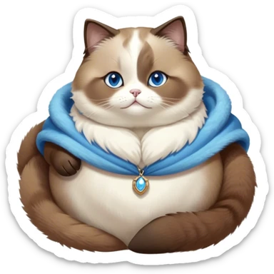 Cinematic Cute Chubby Brown Mantle Snowshoe Cat Portrait Emoji, Round and plump body, soft brown fur draped over its back like a luxurious coat, contrasted by fluffy white paws, chest, and an adorably chubby face, big, sparkling icy-blue eyes, Simplified yet irresistibly adorable features, highly detailed, glowing with a warm, cozy glow, high shine, curious yet calm, stylized with a touch of whimsy, bright and endearing, soft glowing outline, capturing the essence of a mischievous yet lazy and lovable kitty, so cuddly it feels like it could waddle right out of the screen for a snuggle! sticker