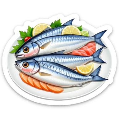 mackerel sashimi with slices of raw fish on a plate with garnish sticker
