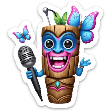 Cartoon Blue and pink tiki singing with butterfly and in the mikrophone sticker
