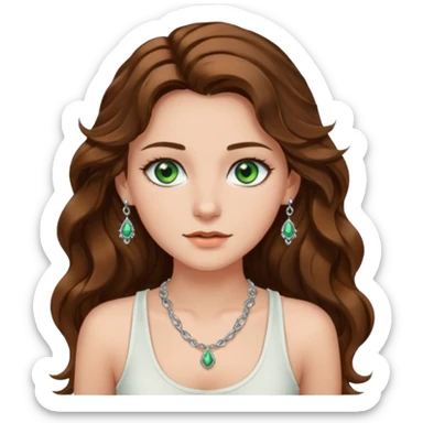 A girl with long brown wavy  hair, green eyes, and a white tank top; she doesn't have bangs. she wear a lot of silver jewerly  sticker