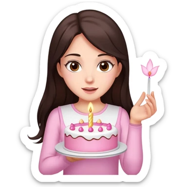 A woman with dark brown long hair, with brown eyes,in some cute white top , on her hands a pink cake and she making the wish sticker