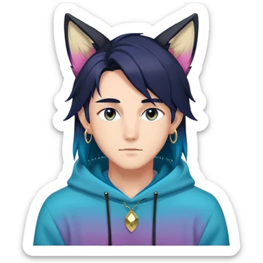 anime man with straight long dark-blueish-black-gradient hair, long black fox ears with pink Scapha, hazel-gradient-brown-turquoise eyes, gold earring hanging from fox ear, dark-blue-sweater sticker