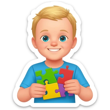 Use the same 3 year old blonde boy with green-blueish eyes as before  happy playing with toys making puzzles sticker