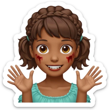 Cabelo ondulado  um pouco cheio e franja curta  Olhos marrons e pequenos e feita d ezumbi mais bonita com cabelo amarro na e com as mãos assim tipo assim🧟‍♀️ sticker