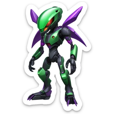 a shiny black-green-purple Genesect-Raptor-Fakémon-Medabot-hybrid with a futuristic visor-helmet full body sticker