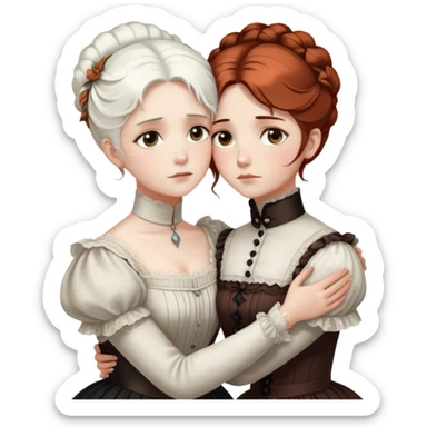 Two Victorian women with light eyes embracing in a sad, intimate hug. One woman has bright white coiffed hair and the other has dark copper coiffed hair. Both wearing Victorian high-neck dresses with their arms wrapped tightly around each other sticker