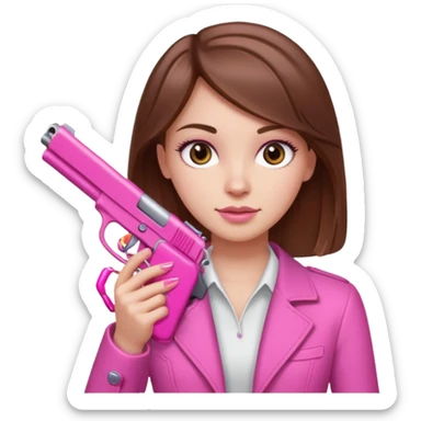 White Girl brown hair hand pink nails holding pink gun sticker