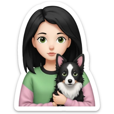 close-up of girl with side parted long black hair, wearing a light pink and green sweater, carrying a black and white border collie with perked ears sticker