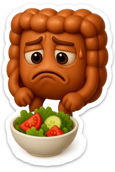 EMOJI STILE IPHONE DI UN INTESTINO UMANO ANATOMICO CHE GUARDA UN INSALATA CON ESPRESSIONE TRISTE E RASSEGNATA IN VOLTO: SOFFRE LA FAME PERCHé è A DIETA, FAGLI ANCHE LA PARTE BIANCA DEGLI OCCHI, NON SOLO LE PUPILLE, IPERREALISTICO 4K sticker