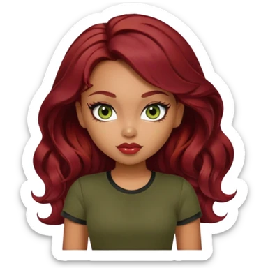 a pretty fair bratz girl with wavy dark red hair, wearing a black tee. eyeliner on, olive green eyes. Till Waist \ sticker